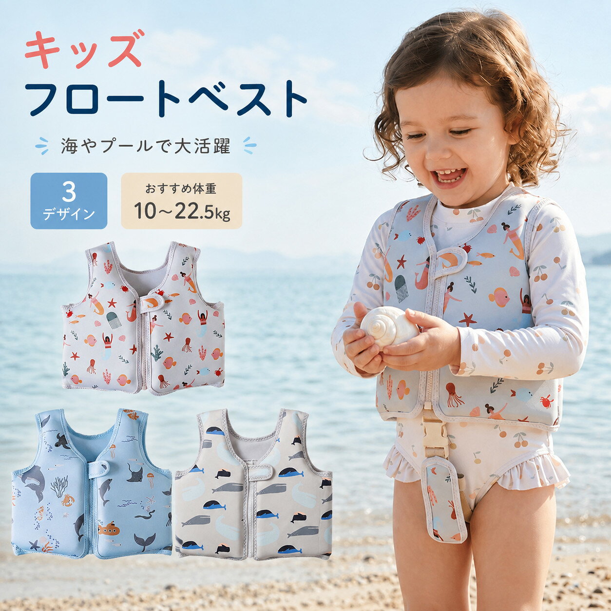 ＼水あそびをもっと楽しく／キッズ用スイムベストかわいい海のモチーフを散りばめた、元気いっぱいのスイムベストです。プールや海辺での水あそび、泳ぎの練習など、夏のお出かけシーンにぴったりお子さまの水への慣れをやさしくサポートします。【浮力材入り】ベスト内部には浮力材を使用。水中での姿勢をサポートし、泳ぎの練習や水あそびに活躍します。【フロントファスナー仕様】前面が大きく開くため、お子さまにも着せやすく、着脱もスムーズ。大きめのファスナーで開閉しやすいデザインです。【面ファスナーでダブル固定】ファスナー部分には面ファスナー付き。水あそび中に前面が開きにくいよう、しっかり固定できます。【股ベルト付き】股部分のベルトがベストのズレ上がりを抑え、安定した着用感をサポート。バックル式なので装着も簡単です。【やさしい肌あたり】内側はなめらかで、デリケートなお子さまの肌にもやさしい着け心地。腕まわりも動かしやすく、元気いっぱい遊べます。