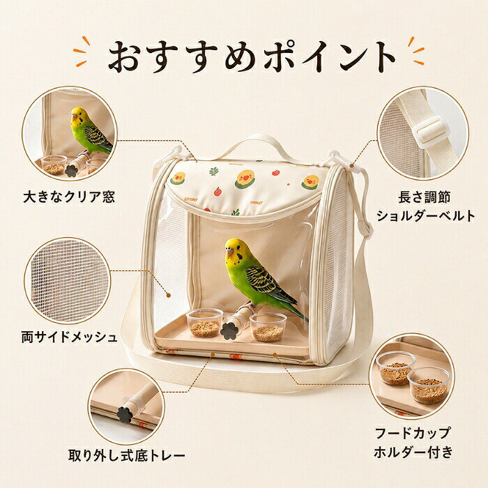 鳥用 キャリーバッグ インコ 鳥かご 4点セット とまり木 底トレー フードカップホルダー付き キャリーケース ペットキャリー 文鳥 小鳥 2WAY 軽量 メッシュ 通気性 透明 持ち運び 通院 旅行用 ペット用品 手提げ 肩掛け バードキャリー 小動物 tramonto-10029560 トラモント楽天市場店 サンプル画像2