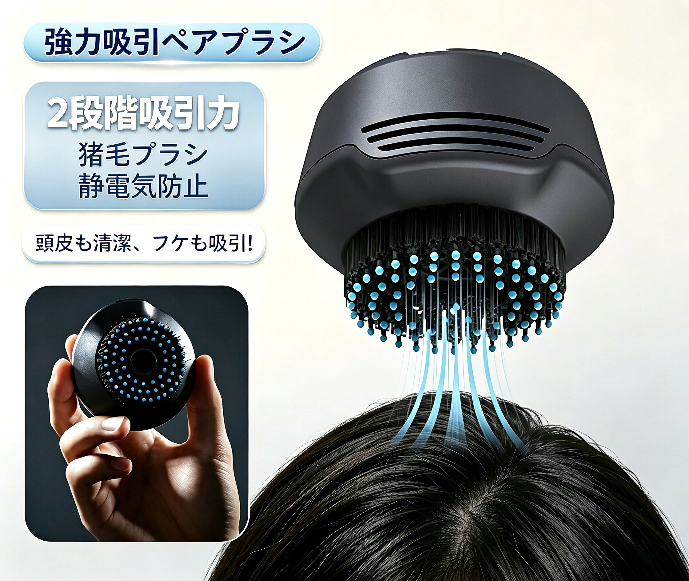マッサージブラシ電動スカルプクリーナー 豚毛ブラシ付き フケ吸引 頭皮掃除機 2 段階吸引力 低騒音 頭皮マッサージ 皮脂ケア 艶髪 静電気防止 水洗い可能 ヘッドスパ 男女兼用