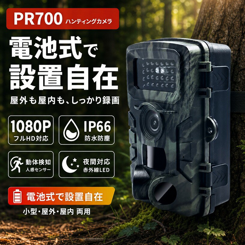 製品説明【高画質＆高画素の録画カメラ】最高1080pのフルHDを備えたトレイルカメラです。電源などの配線工事不要、電源の確保が難しい畑など屋外への設置もできる監視カメラです。高画素カメラのおかけて、16PMの写真を撮ることもできます。【暗視性能＆防水】低光LEDを備えたトレイルカメラは、暗い環境でも明るいフラッシュを生成しないため、人に見えなずに撮影できます。IP66レベルの防水防塵、野外にも多様な環境を適応できる。防犯、ご近所トラブル、不法投棄対策、ペットの見守り、野生動物の監視、オフィス向け出入管理などの用途にお勧めです。【高感度なPIRセンサー】高感度センサーを搭載して、動きを検知した時だけ自動撮影です。より広い範囲内の動きを検出可能です。人体感知センサー（RIPセンサー）は、人体の体温を誤検出しないため、ガラス越しなど遮蔽物のある環境に設置された場合、センサーが反応せず録画を行うことができませんのでご注意ください。