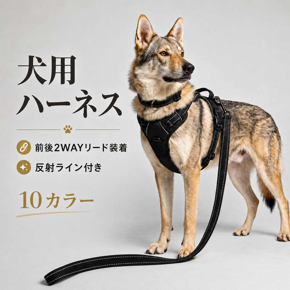 商品スペック 商品特徴反射リード付きで夜間の散歩にも使いやすい犬用ハーネスセット 日常使いしやすいデザインと実用性を兼ね備え、通勤通学お出かけアウトドアなど幅広いシーンで活躍します。 使いやすさを考えた仕様 軽量で扱いやすく、収納性や装着感など毎日の使用に便利なポイントを押さえたアイテムです。 豊富なカラー展開 コーディネートや用途に合わせて選びやすいカラーをご用意しています。 商品仕様セット内容：ハーネス＋リード リードサイズ：約1.5m×1.0cm 注意事項ご使用前にベルトや金具に緩みがないか必ずご確認ください。