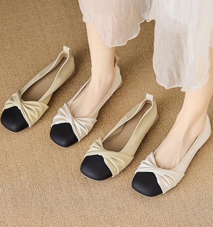 パンプス スクエアトゥ フラット 歩きやすい 疲れない 走れるパンプス 柔らか 痛くない フラットパンプス 通勤 オフィス 結婚式 二次会 女子会 演奏会 ペタンコ 滑り止め ヒール2CM リポン付き バイカラー 大きいサイズ tramonto-10030699 トラモント楽天市場店 サンプル画像2