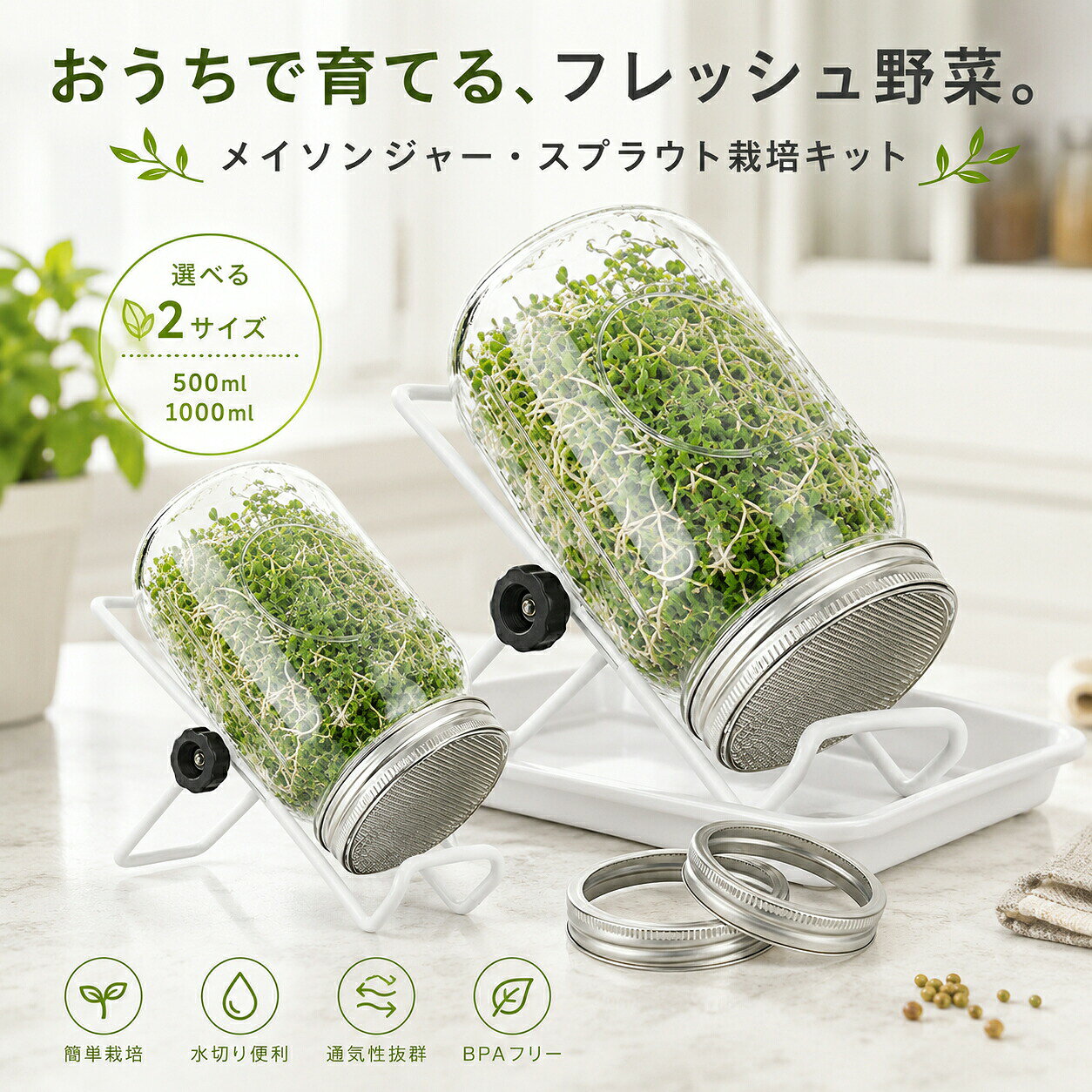 【発根防止】この発芽ジャーは植物の発根を防ぎ、メッシュスクリーンが空気循環を確保し、ウォータースポットを防ぎ、マイクログリーンの発芽を維持します。【高い実用性】このもやしポットは非常に実用的で、種と水をグラスに入れるだけで、栄養価の高いもやしを1週間以内に育てることができます、自宅でもやしと豆を育てることができます【再利用可能】メイソン発芽ジャーは再利用でき、環境に優しいガラスとステンレス鋼でできており、安全で信頼性が高く、耐久性があり、損傷しにくい【食器洗い機対応】当社の発芽ジャーは食洗機対応、モダンで装飾的な発芽ジャーで、キッチンの装飾に最適です。ガラスとステンレススチールのメイソン発芽ジャーは安全でお手入れも簡単です。【幅広い用途】メイソン発芽ジャーは、クレソン、アルファルファ、ブロッコリー、インゲン、マスタード、レンズ豆、キノア、ひよこ豆、グリーンピース、ハーブ、花などの栽培に広く使用されています。