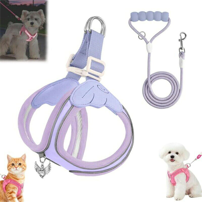 商品の説明犬 ハーネス リードセット 小型犬 中型犬 胴輪 抜けない【気管に優しいドーナツ設計】負担軽減 2秒で着脱 ワンタッチ 引っ張り防止 痛くない持ち手 反射材付き 撥水 お散歩 天使の羽チャーム付き仕様:商品名：猫/犬用ハーネスとリードのセットカラー：ローズレッド / グリーン / ブルー / カーキ / パープル / イエロー素材：ポリエステル製品：ハーネス＋リード【サイズ選びの目安】Sサイズ：胸囲30〜36cm / 首回り22〜26cm / 体重約1.5〜3kgMサイズ：胸囲34〜40cm / 首回り24〜34cm / 体重約3〜4.5kgLサイズ：胸囲38〜48cm / 首回り30〜42cm / 体重約4.5-7.5kgXLサイズ：胸囲42〜56cm / 首回り36〜50cm / 体重約7.5〜11.5kgご注意：* ペットのサイズは個体差がありますので、ご購入前に必ずペットのサイズを測ってください。* 手作業による採寸のため、2〜3cm程度の誤差が生じる場合がございます。大きめのサイズをお選びください。この商品について【ドーナツ型設計 首気管を優しく保護】独自のO型リング構造を採用したペットハーネスは、愛犬が引っ張った際の負荷を胸全体に分散させ、首や気管への圧迫を大幅に緩和します。気管が繊細な小型犬や、散歩時に引っ張り癖のあるペットでも安心して使用可能です。肌に触れる箇所はソフトな縁取り加工が施され、摩擦による肌トラブルも防ぎます。【ワンタッチ装着 サイズ自在調整】操作性に優れたワンタッチバックルを搭載し、片手で簡単に着脱作業が完了します。散歩前の慌ただしい時間や、落ち着きのない元気なペットにもスムーズに装着できます。付属のアジャスターで細かくサイズ調整が可能で、ペットの体型にぴったりフィットさせ、抜けにくく安定した装着感を実現します。【360反射素材 夜間散歩を安全に】ハーネス全体に高輝度リフレクターを配置し、360度全方位からの光をしっかり反射します。夕暮れや街灯の少ない夜道でも、車のヘッドライトや自転車の光でペットの位置が明確に確認できます。視認性が大幅に向上することで、外出時の接触トラブルを未然に防ぎ、愛犬の安全をしっかり守ります。【撥水防汚素材 お手入れ簡単】高密度の高品質撥水生地を採用し、水滴や泥はねが付着しにくい仕様になっています。雨上がりの道や公園の砂地で散歩しても、汚れをサッと拭き取るだけで綺麗な状態を維持できます。梅雨や雨天時の外出にも対応し、日常的なメンテナンスの手間を抑え、長く清潔に愛用できます。【クッションリード 多機能収納リング付き】専用リードの持ち手に厚手の柔らかいスポンジクッションを採用し、ペットが急に引っ張っても飼い主の手に負担がかかりません。長時間の散歩も快適に過ごせます。さらに持ち手部分に便利な収納リングを搭載し、マナー袋や携帯給水ボウルなどの小物を吊り下げ可能で、荷物が多い散歩もスマートに対応できます。