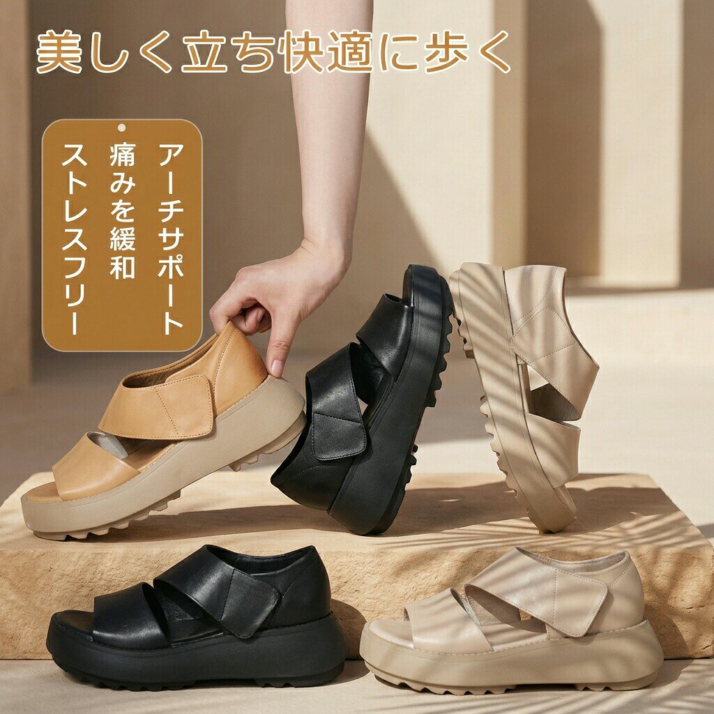 厚底サンダル レディース レトロな厚底サンダル スニーカー 外反拇趾 幅広 通気性 ...