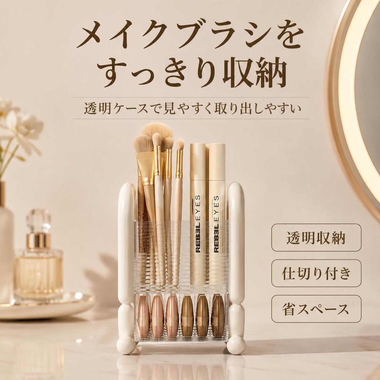 商品説明メイクブラシや化粧筆、リップ、眉筆などをまとめて収納できる卓上用メイクブラシスタンドです。透明感のある収納部で中身が見やすく、使いたいアイテムをすぐに取り出しやすい設計です。 仕切り付きで分類収納しやすく、散らかりがちな化粧台や洗面台、デスク周りをすっきり整えます。長めのコスメや複数のブラシもまとめやすく、毎日のメイク時間をスムーズにサポートします。 シンプルで上品なデザインなので、ドレッサーや洗面台の見せる収納にもおすすめです。円形タイプとINS風タイプのカラー展開があり、お部屋の雰囲気に合わせて選べます。おすすめポイント【仕分け収納】メイクブラシ、化粧筆、眉筆、リップなどを種類別にまとめて収納できます。 【透明デザイン】中身が見やすく、使いたいアイテムをすばやく取り出せます。 【省スペース】卓上や化粧台に置きやすく、散らかりがちなメイク道具を整理できます。 【大容量収納】長めのコスメや複数のブラシもまとめて収納しやすい設計です。 【インテリア性】軽奢感のあるシンプルデザインで、洗面台やデスクにもなじみます。仕様サイズ品名：メイクブラシ収納スタンド 材質：プラスチック（ABS／PC） 用途：メイクブラシ、化粧筆、リップ、眉筆、細長いコスメ、小物類の卓上収納 サイズ：クリームホワイト／上品ブラックタイプ 約12×10×20cm、前面収納部高さ 約9cm 毛重：約0.35kg カラー：ミルキーホワイト（円形）、シンプルブラック（円形）、ローズレッド（円形）、クリームホワイト、上品ブラックセット内容メイクブラシ収納スタンド×1 撮影用のブラシ、コスメ、小物類は付属しません。