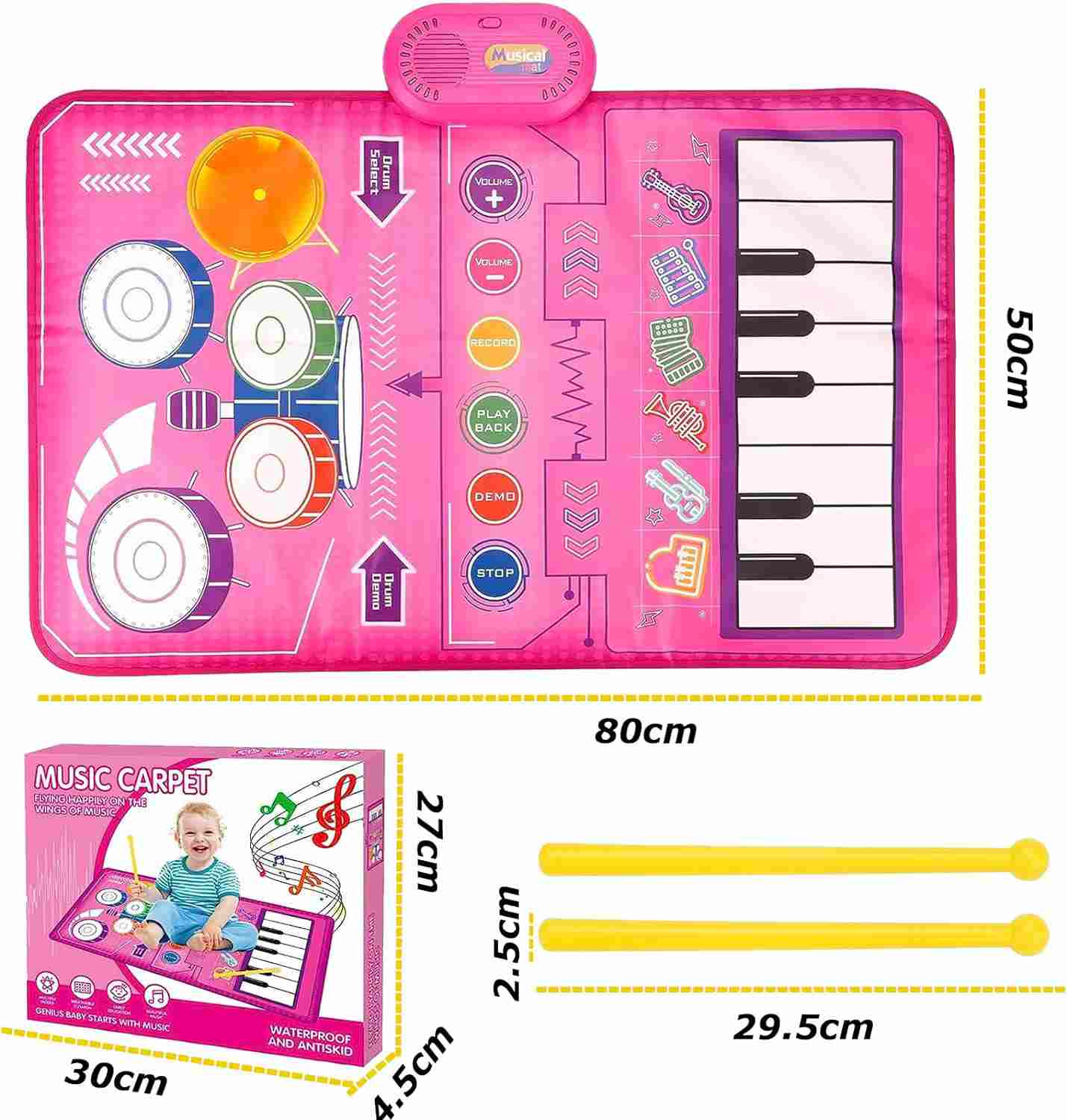 ピアノマット おもちゃ ドラムセット 子供 女の子 誕生日 プレゼント 人気 おもちゃ ピアノ 楽器 ミュージックマット 音楽マット 折り畳み 13曲デモ 6種類楽器音 録音・再生機能 防水 滑り止め 知育玩具 女の子 男の子 誕生日 プレゼント 3