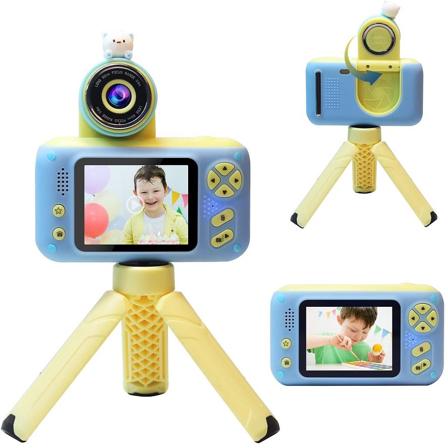 キッズカメラ 三脚付き 子供用カメラ ビデオ カメラおもちゃ 180°回転レンズ 小学生用 2.4 インチ ディスプレイ デジタルカメラ 初心者 コンパクト お...
