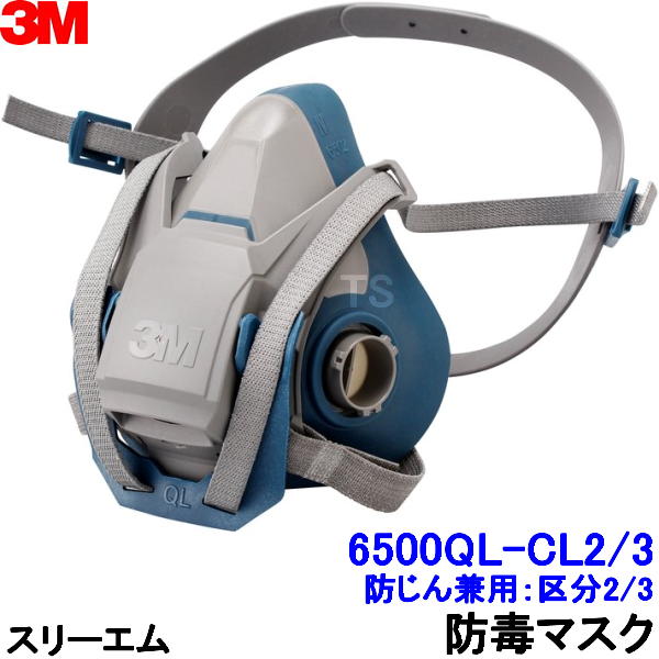 　商品名 6500QL-CL2/3（区分2/3兼用） 取替え式防毒マスク サイズ S　M　L 性能の区分 RL2/RL3（防じんマスク時） マスクタイプ 取替え式防毒マスク 防じん防毒併用タイプ メーカー 3M(スリーエム) &nbsp; 平均実測値 スモール 平均実測値 ミディアム 平均実測値 ラージ 吸気抵抗 16Pa 18Pa 15Pa 排気抵抗 35Pa 34Pa 40bPa 重量 110g 113g 118g &nbsp; サイズ共通性能 吸気抵抗 50Pa以下 排気抵抗 80Pa以下 重量 - 取替え式防毒マスク6500QL-CL2/3（区分2/3兼用） 吸収缶を左右に配するデュアルタイプです。サイズは、S、M、Lと選べる3サイズ。一般サイズはMです。 区分2/3用として防じんマスク・防臭機能付防じんマスク・防毒マスクの1個3役。 マスクの下部に搭載の「クイックラッチ機能」を操作することで、マスクをワンタッチで顔から素早く、簡単に、着脱できます。 シリコン製面体で、わずか113g（ミディアムサイズ）の軽量タイプ。 取替え式マスク6500シリーズは、「防じんマスク」・「防毒マスク」として共用が可能です！ 2071、2091、2097、7093フィルターを装着すれば、防じんマスクとして！ 吸収缶6000シリーズを装着すれば、防毒マスクとして！ ヘルメット等は装着したままワンタッチで着脱できるので、従来品のようにバックルの取り外しやクレイドルをずらす手間がいりません。 休憩時の水分補給やコミュニケーション、作業場までの移動時などに非常に便利! マスクはヘルメットの内側に装着することで安定した装着状態を確保できるので、より安全に快適に作業に従事していただけます。 国家検定合格。 粒子捕集効率95.0%以上の「RL2」、粒子捕集効率99.9%以上の「RL3」に区分される高性能防じんマスクとして使用可能です。 ※衛生商品のため、交換、返品は出来ません。予めご了承ください。 6500QL-CL2/3取替え式防毒マスク使用可能6000シリーズ吸収缶 有機ガス用　6001 有機ガス用　フィルター付 6001/5911-S1 有機ガス用　フィルター付 6001/2091-L3 有機ガス用　フィルター付 60921-L3 水銀蒸気用　6009 コンビネーション用　 有機/ハロゲン/亜硫酸/酸性　6002 コンビネーション用　フィルター付 有機/ハロゲン/亜硫酸/酸性　6002/5911-S1 アンモニア用　6004 &nbsp; 6500QL-CL2/3取替え式防毒マスク使用可能フィルター 2091フィルター 2097フィルター 2071フィルター 7093フィルター