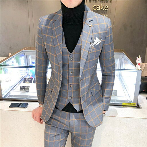 【送料無料】3点セット メンズスーツ 2つボダン カジュアルスーツ スリムスーツ 入学式 成人式 二次会 宴会 ビジネススーツ フォーマルスーツ チェック柄 ビジネス 結婚式