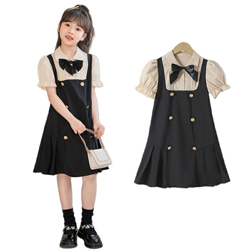 Rakuten - キッズ服 女の子服 セットアップ ジャンパースカート 半袖 ワンピース フェイクレイヤード レイヤード風 半袖ブラウス リボン付き 学院風 フォーマル ガーリー春夏コーデ シンプル 入学式 発表会 子供 女の子 子供ワンピース 発表会 受験 卒園式 卒業式