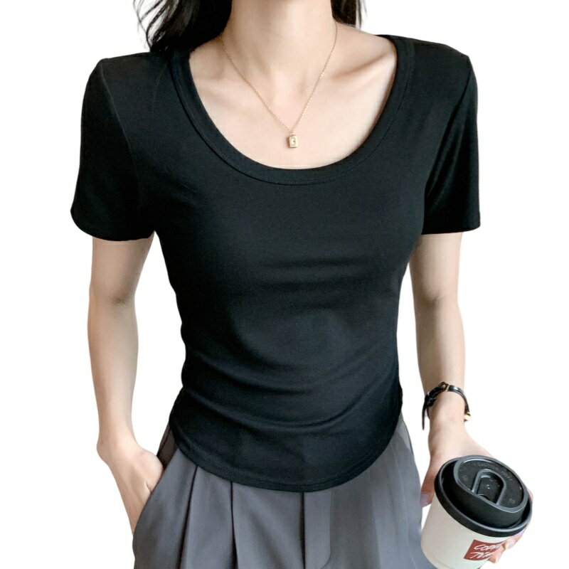 Rakuten - レディース リブTシャツ 半袖 タイト フィット ストレッチ 無地 シンプル インナー カットソー Uネック 韓国風 着やせトップス 春夏 tシャツ カットソー 半袖 uネック トップス タイトフィット 伸縮性 エレガント シンプル オフィス 通勤 アンダーシャツ
