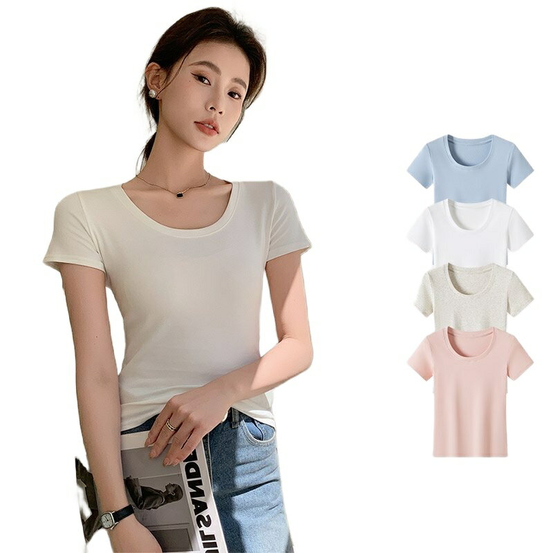 Rakuten - レディース Tシャツ 半袖 無地 シンプル ラウンドネック ストレッチ カットソー ベーシック トップス 夏 インナー 薄手 カジュアル おしゃれ 重ね着 uネック 可愛い 美シルエット きれいめ クルーネック 着回し