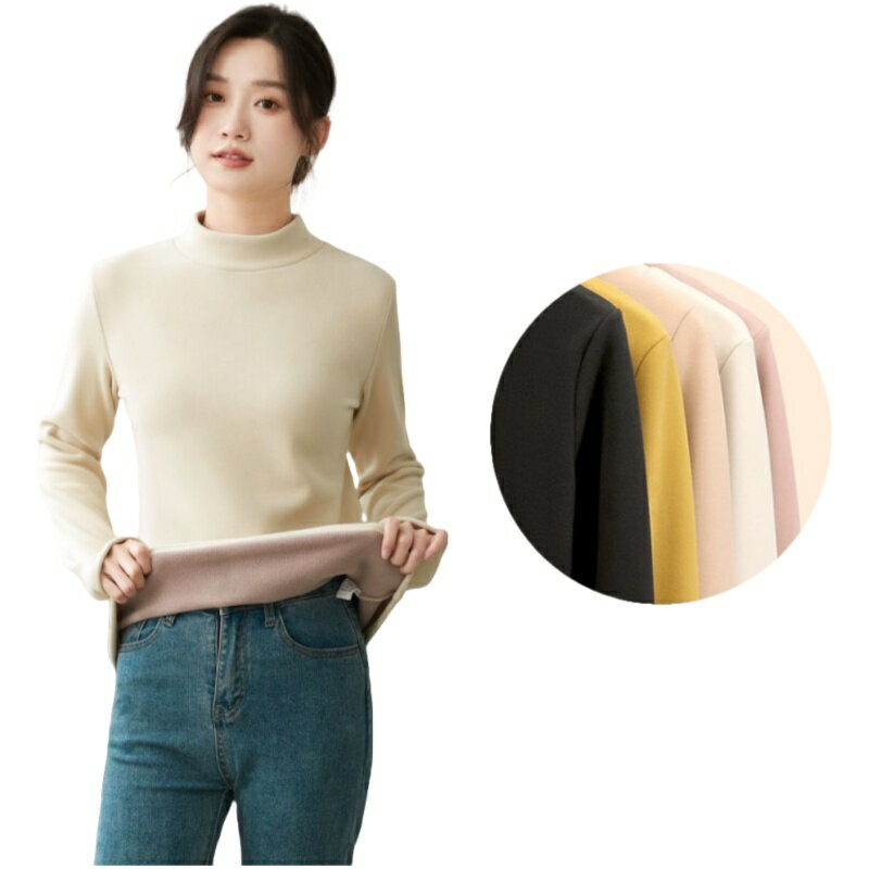Long-Sleeved - カレディース 裏起毛 ハイネック トップス 暖かい カットソー 長袖 インナー 保温 無地 Tシャツ ストレッチ 秋冬 韓国ファッション 大人カジュアル