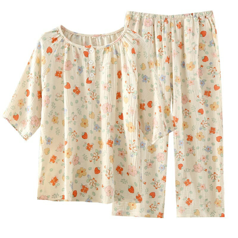 Rakuten - パジャマ レディース ルームウェア 上下セット 半袖 七分丈パンツ 花柄 コットン ガーゼ風 部屋着 春夏 夏用 薄手 ゆったり ナイトウェア 可愛い 柔らか 通気性 おしゃれ 韓国風
