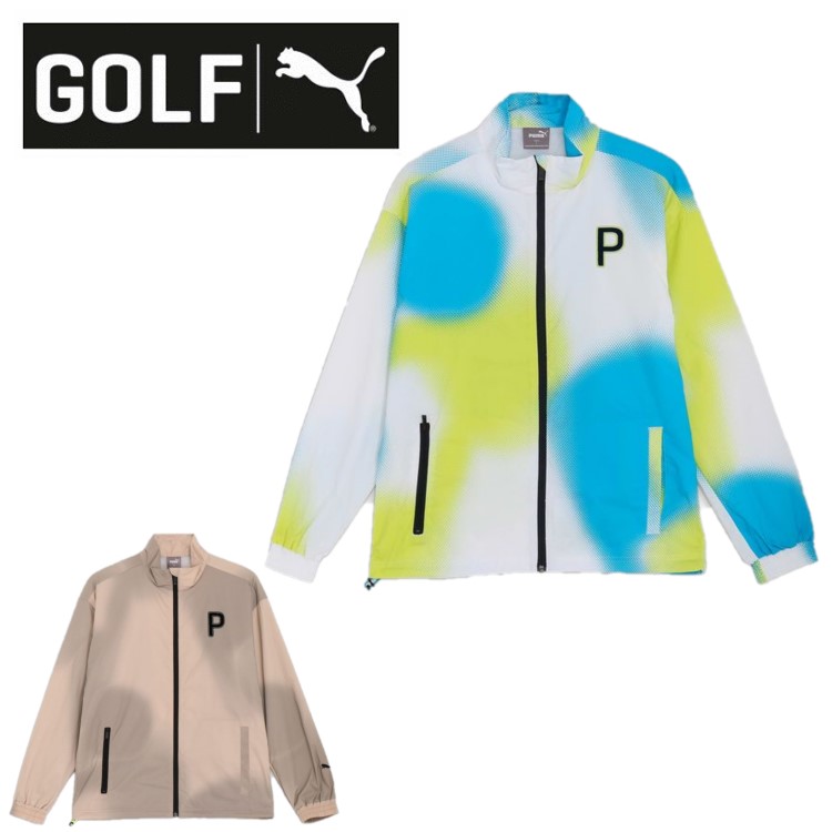 24春夏 PUMA GOLF プーマゴルフ メンズ P ストレッチタフタ グラフィック ジップジャケット 627572 軽量 風よけ ジップ付きポケット 長袖 レトロスポーティー