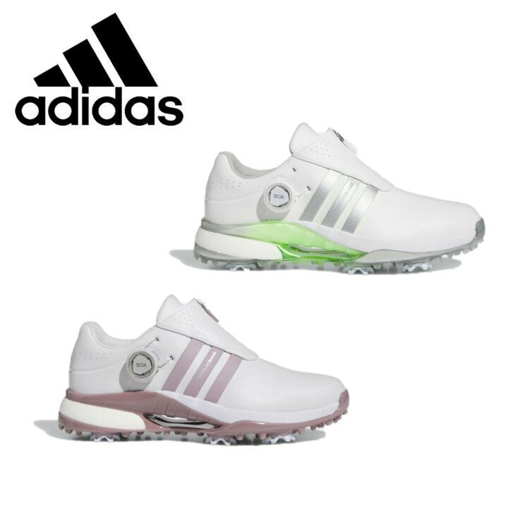 24春夏 adidas GOLF アディダス ゴルフ レディース ツアー360 24 ボア MDK83 スニーカー ゴルフシューズ ソフトスパイク BOA 防水 合成皮革 レギュラーフィット BOOST ZG コードカオス ★送料無料★ 商品詳細ZGとコードカオスのキーテクノロジーを融合し、高次元でトータルパフォーマンスを追求した頂点の一足。アディダスのフットウェアテクノロジーを余すことなく駆使し、18ホール中に求められるあらゆる性能を高次元でゴルファーにもたらすために設計された、TOUR360がフルモデルチェンジ。スパイクシューズであるZG23のパワフルなスイングを可能にする安定構造と、スパイクレスのコードカオスの快適性能を応用し融合することで、さらにエレベート。スイング時の安定性と、着用・歩行時の快適性共に、類を見ない高いトータルパフォーマンスを実現。■ [トルションブリッジ] 高いトータルパフォーマンスを可能にするキーパーツが足をサポートする硬い素材の上部パーツと、地面に触れている柔らかい下部パーツに分かれている新構造のトルションブリッジを搭載。グリップ力・安定性・足への負担軽減といった様々な性能をこのパーツ一つが全て担う特殊な構造を搭載。■ [7クリートアウトソール] アウトソールの安定性が求められる箇所にはクリートを配置することによりグリップ力はもちろん、クリート周辺の硬度によってさらにしっかりさをもたらす。逆に屈曲性が求められる箇所とその方向にのみ、柔軟性を向上させるフレックスグルーブを搭載することで、スイング時と歩行時の性能の差別化を可能に。さらに接地面積が広いスパイクレスラグ（凹凸）を全面的に配置することによって、歩行時のクリートの突き上げ感を軽減しながらグリップ力も同時に向上。■ [LIGHTSTRIKE + JETBOOST] 前足部には高反発で軽量なLIGHTSTRIKEを搭載することで、スイング時の強い蹴りを可能にしながら潰れすぎを抑え、高い安定性を発揮。ヒールにはゴルフシューズ初搭載のJETBOOSTによってBOOST特有のソフトなクッショニングを歩行時には感じれながらも、スイング時などのより強い圧が加わった際には通常のBOOSTよりも高い安定性を発揮。■ [360直足BOAラップ] BOAフィットシステム搭載のPerformFitWrap構造が直に足をシューズ内部でホールドしながらも、ファスナーの開閉によって快適性と安定性能のモード切り替えが可能な画期的な直足BOAラップ。より素材強度の高いパネル素材で足をホールドすることによってさらなるフィットと安定性を実現。ファスナーも止水ファスナーを採用することで、ファスナーを閉じた状態ではタン周辺にまでも非常に高い防水性を誇る。レギュラーフィットBOAフィットシステム搭載PerformFitWrap構造シューズ内部で直に足をホールドする360直足BOAラップファスナーの開閉によってモード切り替えが可能安定性の高い防水合成皮革アッパートルションブリッジヒールにJETBOOST / 前足部にはLightstrikeクッショニング7クリートTPUアウトソールINSITE2.0 インソール生産国：China 2