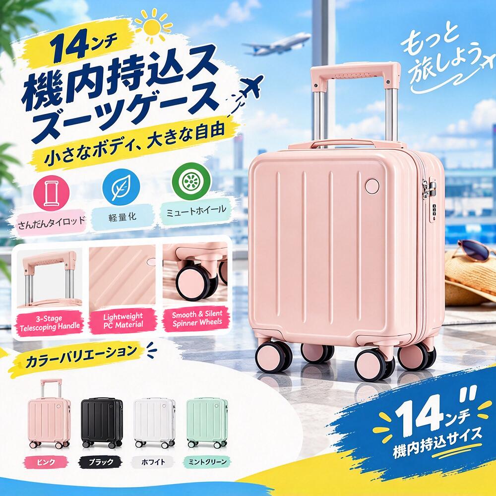 14インチ 小型機内持ち込みキャリーケース 1泊2日の小旅行や日帰り出張、子供のお出かけにぴったりなコンパクトサイズ！ 小さいけれど、丈夫で使いやすい機能を詰め込みました。 グラフィティ・ペットイラストなど、オリジナル柄印刷も可能！他にはない自分だけのスーツケースに。 【仕様】 ・サイズ：14インチ ・本体素材：PC（ポリカーボネート） ・ハンドル：3段階伸縮式 ・キャスター：静音4輪ダブルキャスター、360°回転 ・カラー：ピンク、ブラック、ホワイト、ミントグリーン ・ロック：ダイヤル式ロック搭載 【ご注意】 ※航空会社によって機内持ち込みの規定サイズ・重量が異なります。ご利用前に各航空会社の案内を必ずご確認ください。 ※海外製品のため、細かい仕上がりの個体差が生じる場合がございます。予めご了承ください。【注意事項】： ・当店の商品は全て国内から配送されます。 ・国内配送の商品は国内でのお買い物と同じく消費税が発生いたします。関税はかかりません。 ＊色がある場合、モニターの発色の具合によって実際のものと色が異なる場合がある。