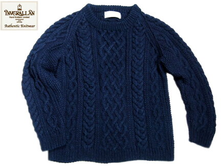 Inverallan 1H Cotton Crewneck Aran Sweater: Indigo Inverallan 1H Cotton Crewneck Aran Sweater: Indigo