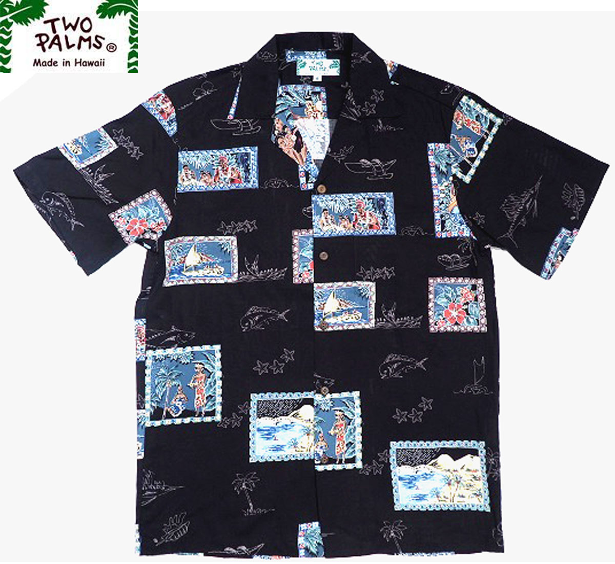 TWO PALMS（トゥー パームス ）/POSTCARD RAYON HAWAIIAN SHIRTS （ハワイアンシャツ）/black