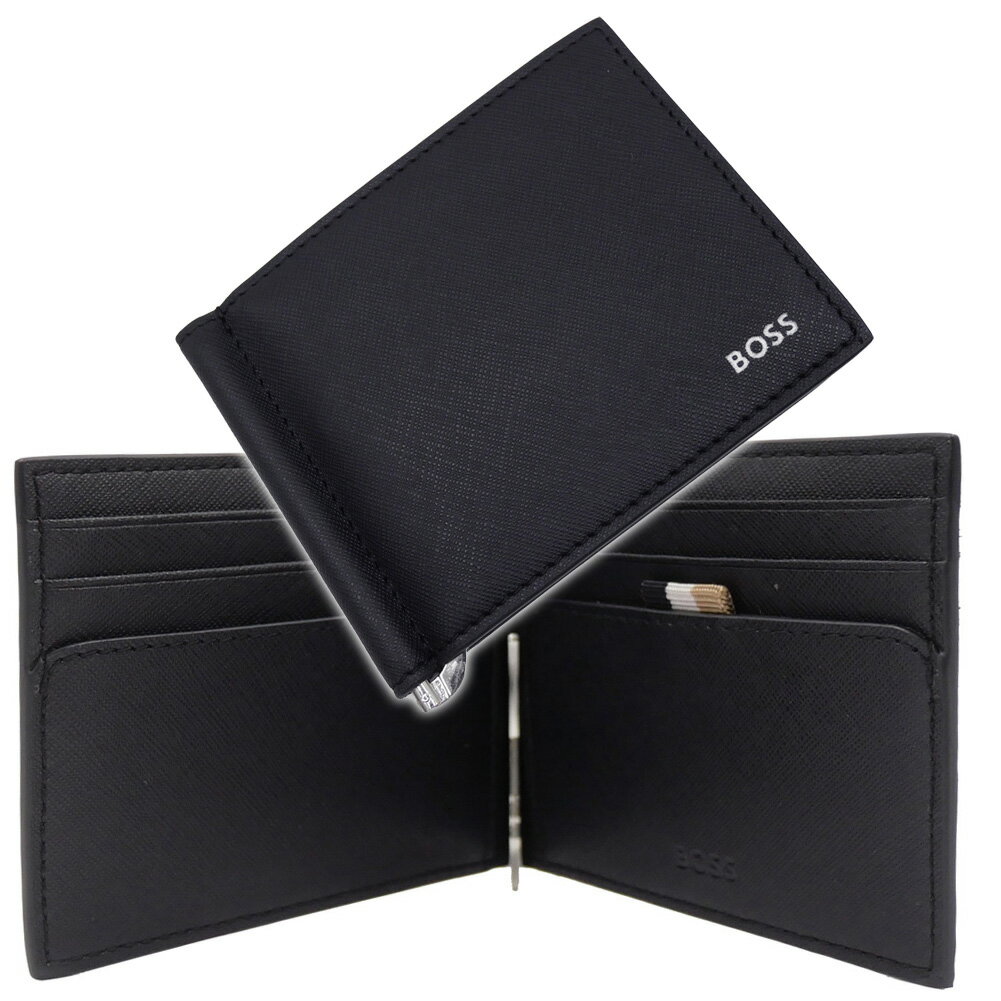 HUGO BOSS ヒューゴボス マネークリップ 二つ折り財布 50536716 10269892 Zair Bifold clip 再生レザー ブランド ロゴブラック 2025春夏新作