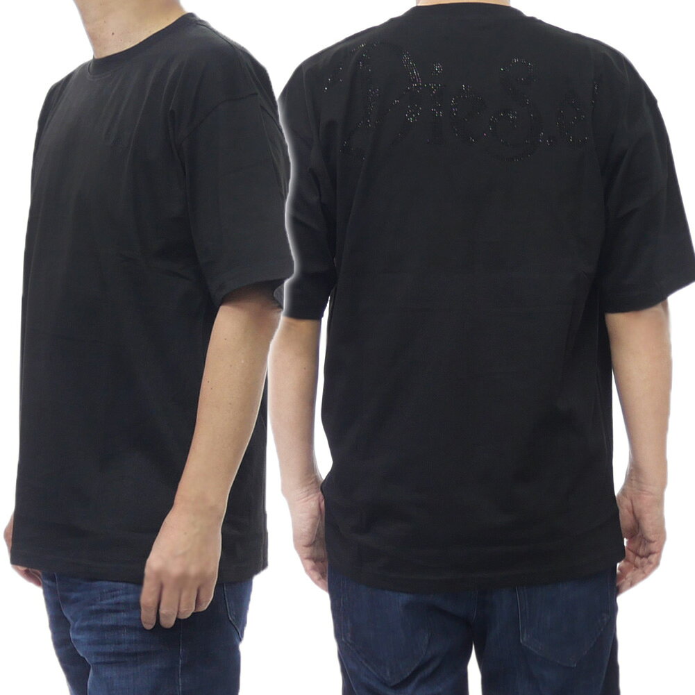 DIESEL ディーゼル メンズ クルーネック Tシャツ A22509 0QIAM / T-BOXT-V15 ブラック ラインストーンロゴ 半袖
