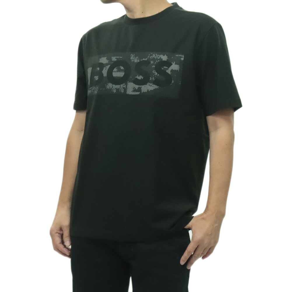 HUGO BOSS ヒューゴボス メンズ クルーネックTシャツ 50559363 10278673 / TS Globe Logo Pattern ロゴ 半袖 カットソー トップス コットン ストレッチ ブラック