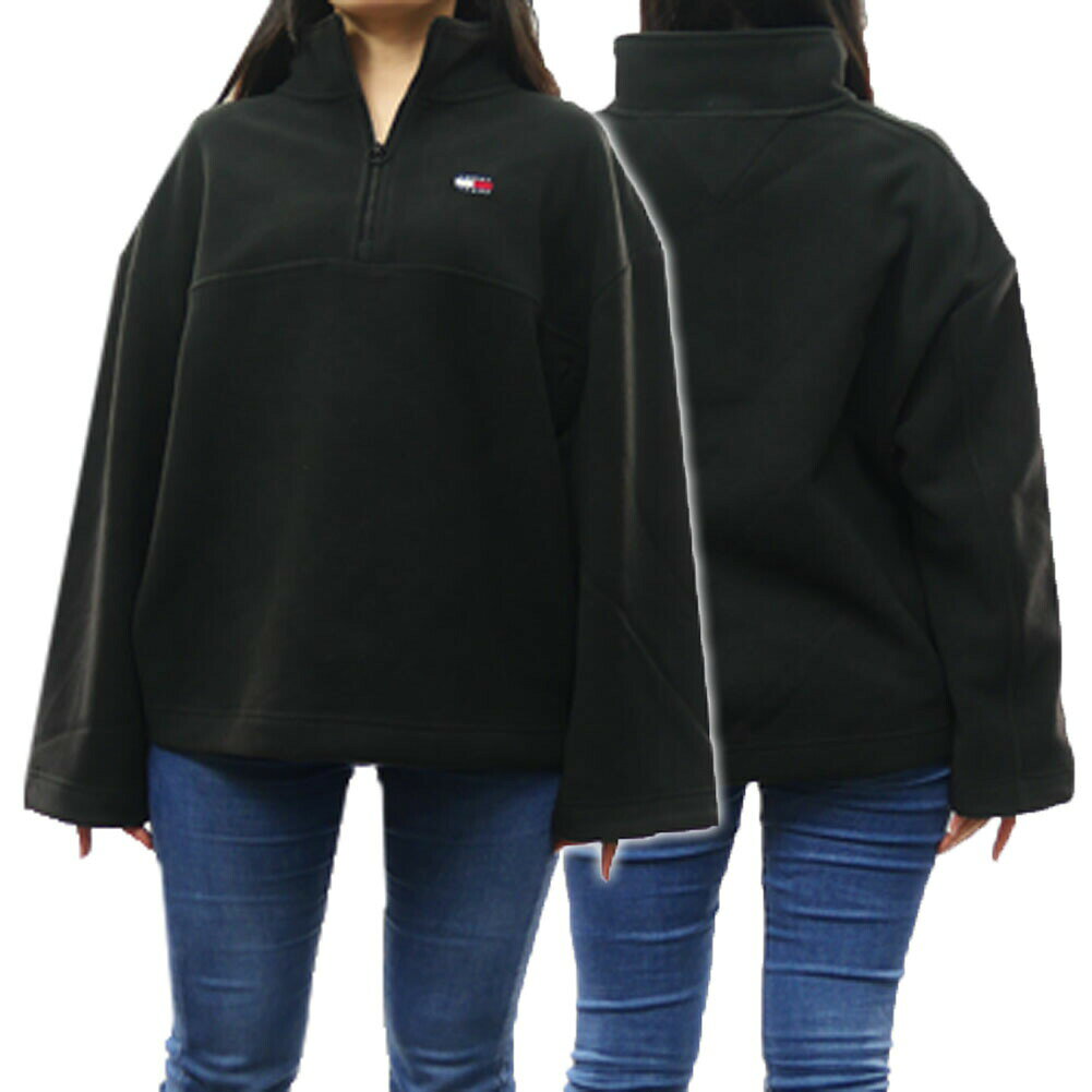 TOMMY JEANS トミージーンズ レディース ハーフジップ フリース DW16271 ブラック オーバーサイズ ビッグシルエット フラッグ ロゴ ワッペン ハイネック プルオーバー トップス