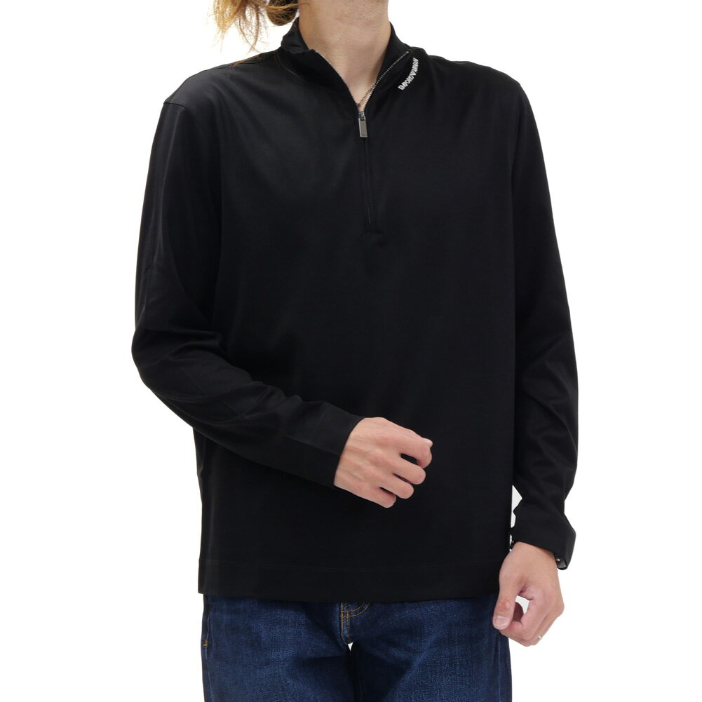 EMPORIO ARMANI エンポリオアルマーニ メンズ ハーフジップ ロングTシャツ EM006806 AF10761 長袖 カットソー ロゴ 刺繍 リヨセル コットン ジャージー ブラック 2026秋冬新作