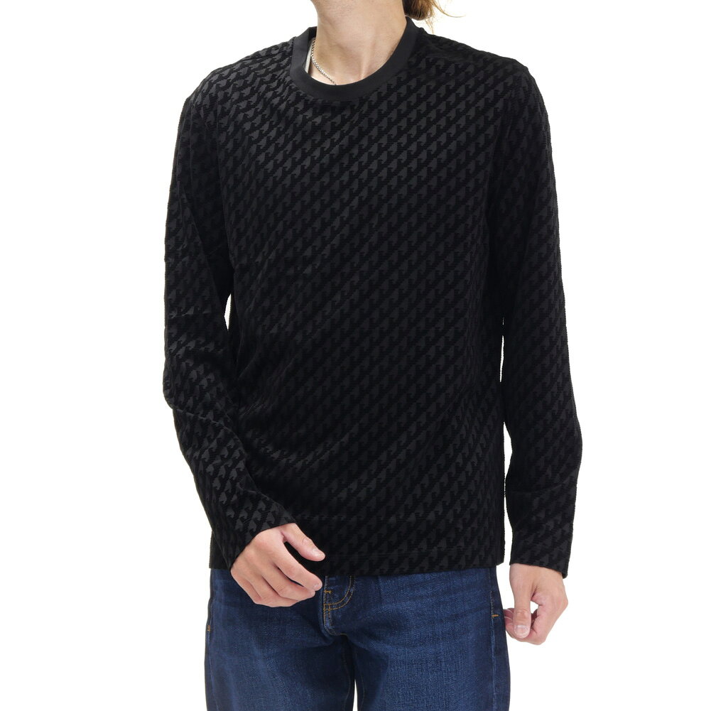 EMPORIO ARMANI エンポリオアルマーニ メンズ ロングTシャツ EM007338 AF10017 フロッキープリント イーグル ロゴ 総柄 リヨセル コットン 長袖 カットソー ブラック 2026秋冬新作