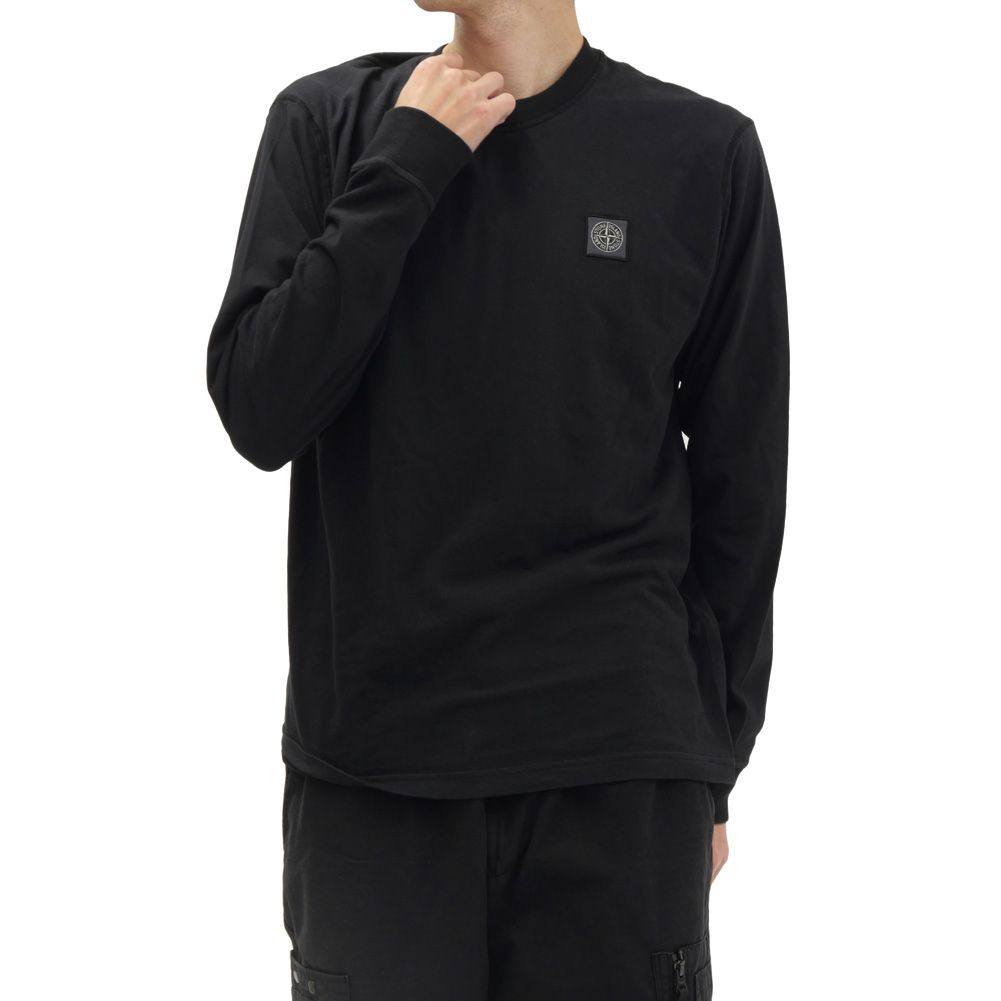 STONE ISLAND ストーンアイランド メンズ ロングTシャツ 2100025 S0057 クルーネック 長袖 オーガニックコットン FISSATO ガーメントダイ コンパス ロゴ パッチ トップス ブラック 2026秋冬新作