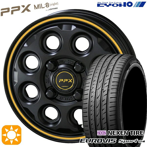 【取付対象】165/60R14 75H ロードストーン ユーロビズ Sport 04 KYOHO PPX MIL:8 セミグロスブラック×イエローライン 14インチ 4.5J 4H100 サマータイヤホイールセット