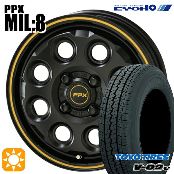 【取付対象】軽トラ 145/80R12 80/78N トーヨー V02E V-02E KYOHO PPX MIL:8 セミグロスブラック×イエローライン 12インチ 3.5J 4H100 サマータイヤホイールセット