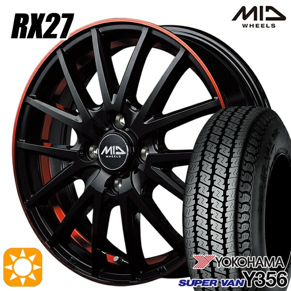 【取付対象】軽トラ 145/80R12 80/78N ヨコハマ スーパーバン Y356 MID シュナイダー RX27 ブラック/リム＆アンダーカットポリッシュ＋レッドクリア 12インチ 4.0J 4H100 サマータイヤホイールセット