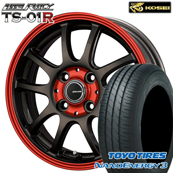 【取付対象】165/60R14 75H トーヨー ナノエナジー3 コーセイ リテラシー TS-01R ブラック/レッドクリア 14インチ 4.5J 4H100 +43 サマータイヤホイールセット