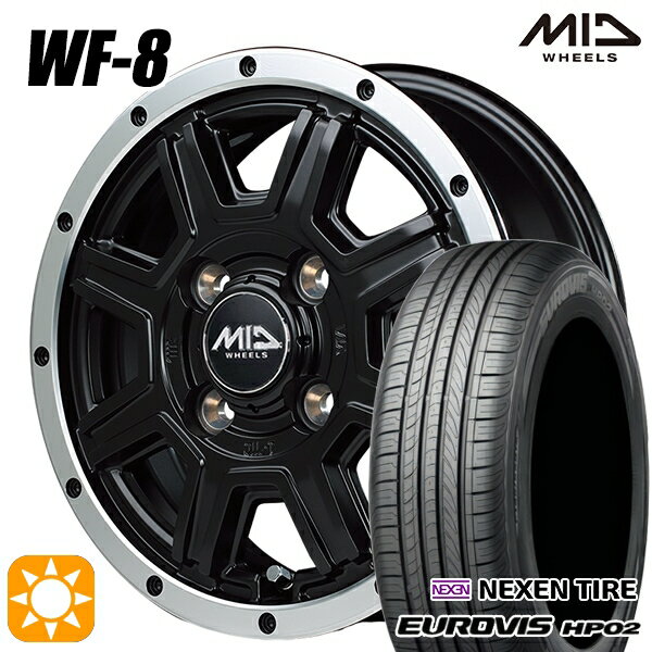 【取付対象】155/65R14 ネクセン ロードストーン ユーロビズ HP02 MID ロードマックス WF8 セミグロスブラック＋フランジポリッシュ 14インチ 4.5J 4H100 サマータイヤホイールセット