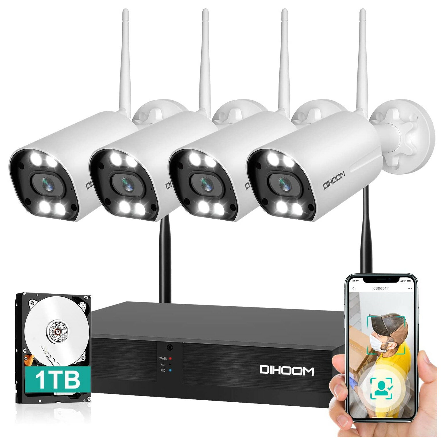 ★【未使用品】【500万画素対応・最新AI顔検出】 DIHOOM ディーフーム XM05-JP5004-1TB WiFi NVR Surveillance System 4K POE 防犯カメラセット ワイヤレス 防犯カメラ