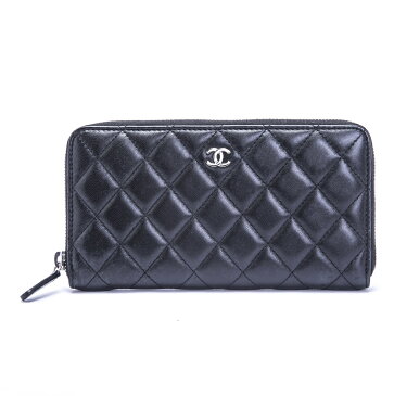 CHANEL　シャネル　ラウンドファスナー長財布　ラムスキン　ブラック　黒　Gカード付　美品　【トレジャースポット】【中古】