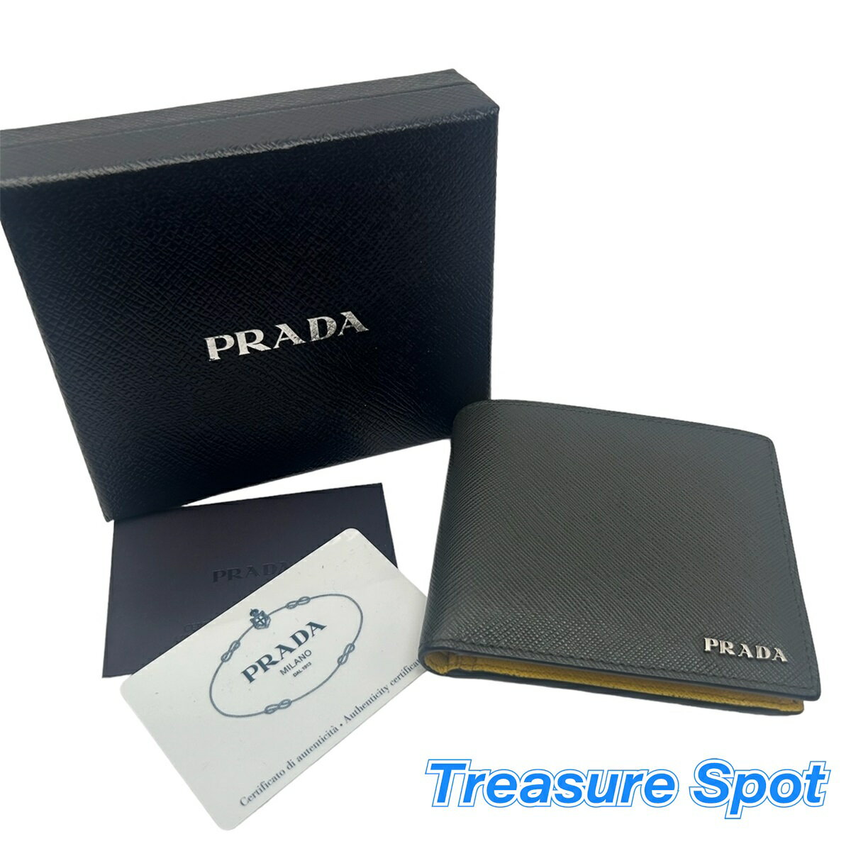 プラダ　PRADA　二つ折り財布　レザー　メンズ　ダークグレー×イエロー　SPカード　【トレジャースポット】　中古