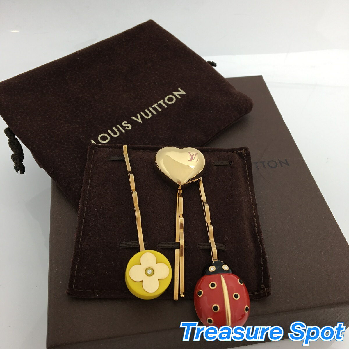 ルイヴィトン　LOUIS VUITTON　ヘアピン3本セット　ゴールド×レッド×イエロー　ハート×てんとう虫×フラワー　【トレジャースポット】【中古】
