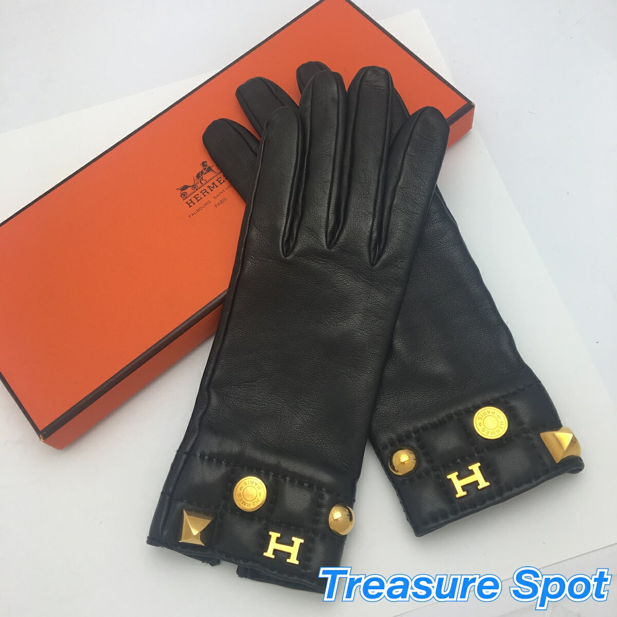 HERMES　エルメス　レザーグローブ　アイコン付き　ブラック　#7　手袋　【トレジャースポット】　【中古】