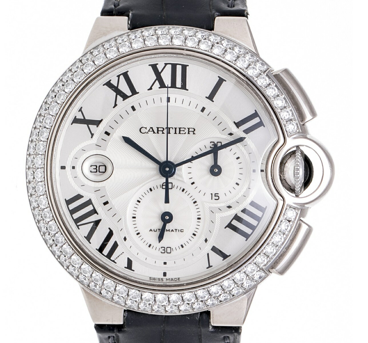 カルティエ　Cartier　バロンブルー　クロノグラフ　47mm　WE902002　ダイヤベゼル　WG　ホワイトゴールド　Dバックル　裏スケルトン　メンズ　送料無料　【トレジャースポット】【中古】