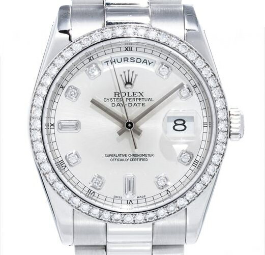 ロレックス　ROLEX　デイデイト　118346A　2001年　PT　プラチナ　シルバー　メンズ　2001年　P番　10P　バケット　ベゼルダイヤ　送料無料　【トレジャースポット】【中古】