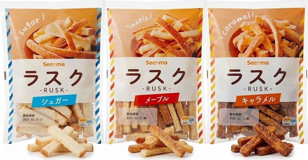 Secomaで人気のラスク3種（シュガー・メープル・キャラメル）各1袋セット。サクサクの食感とこだわりの風味が楽しめる北海道の定番お菓子です。ご自宅でのティータイムやプチギフトにも最適です。 原材料・成分 小麦粉、砂糖、バター、食塩、イースト / 乳化剤、香料、pH調整剤
