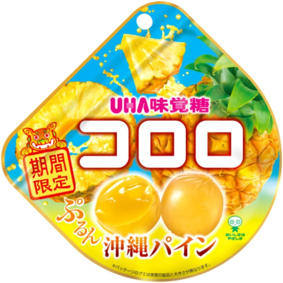沖縄県産のパインアップル果汁を使用した、ジューシーでみずみずしい新食感グミです。南国感あふれるフレーバー：袋を開けた瞬間からパイナップルの甘い香りが広がり、夏にぴったりのさわやかな美味しさを楽しめます。