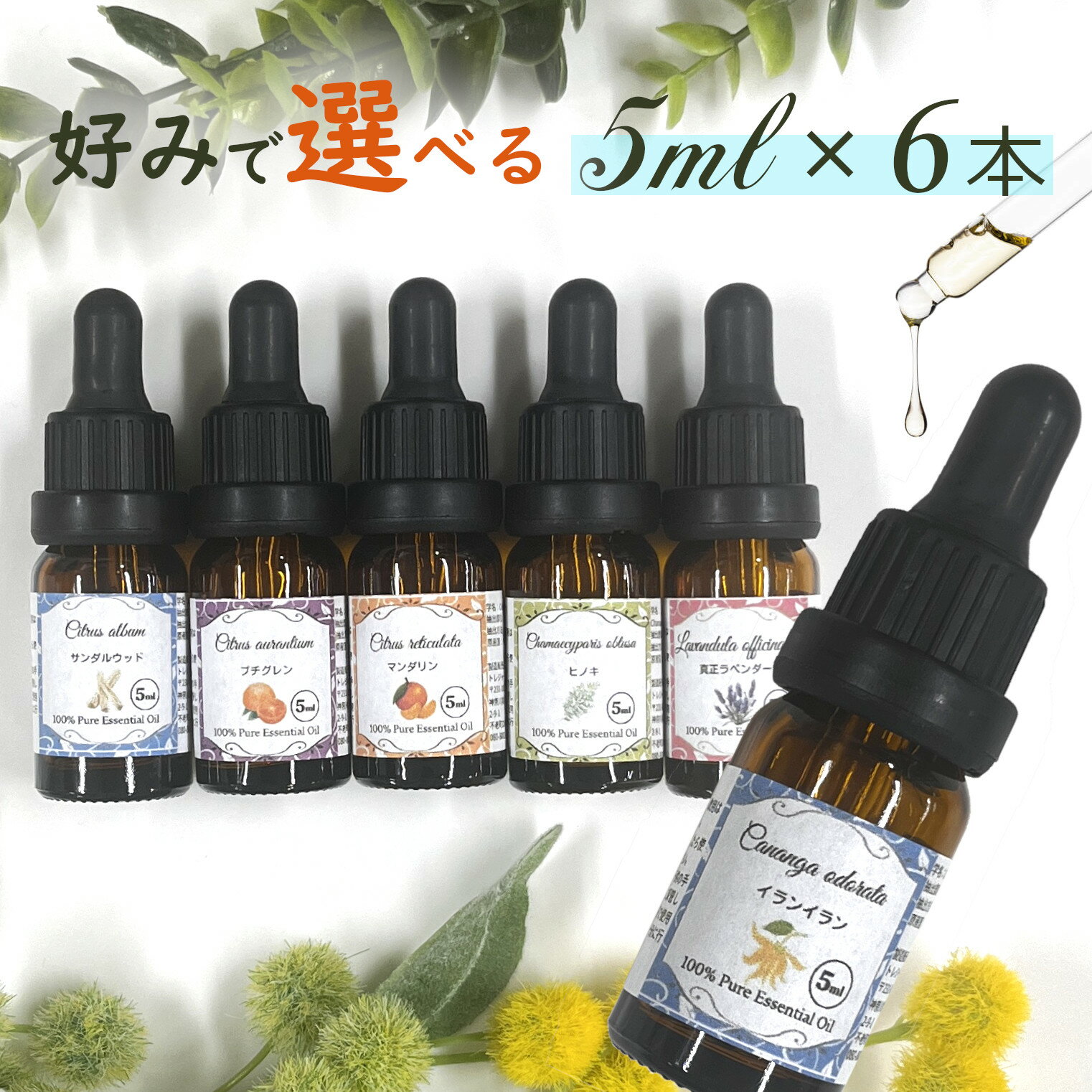 ＼20 OFF クーポン 配布中／【楽天1位】便利なスポイト付【アロマオイル 5ml 5本 セット 6本目プレゼント】エッセンシャルオイル 精油 オーガニック 10ml遮光瓶 アロマ加湿器用 アロマディフューザーに◆ラベンダー ベルガモット キンモクセイ◆イランイラン/pureoil005x6