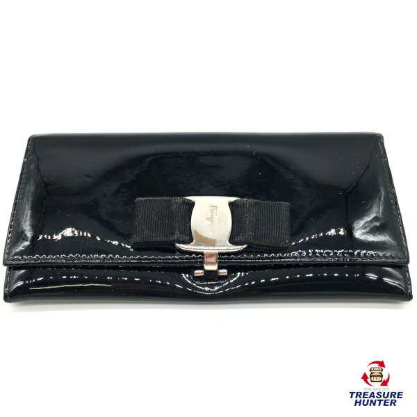【中古】Salvatore Ferragamo フェラガモ　モヴァラリボン　ホック長財布　エナメル　ブラック　レディース ウォレット 【102004913005】