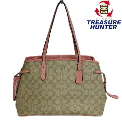 コーチ シグネチャー ドローストリングキャリーオール F57842 ベージュ×ピンク PVC 総柄 COACH 【102043188007】 -
