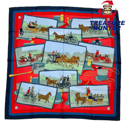HERMES カレ90 シルクスカーフ 馬車とハット 約88×88cm エルメス 【102058931007】 HERMES カレ90 シルクスカーフ 馬車とハット 約88×88cm エルメス 【102058931007】