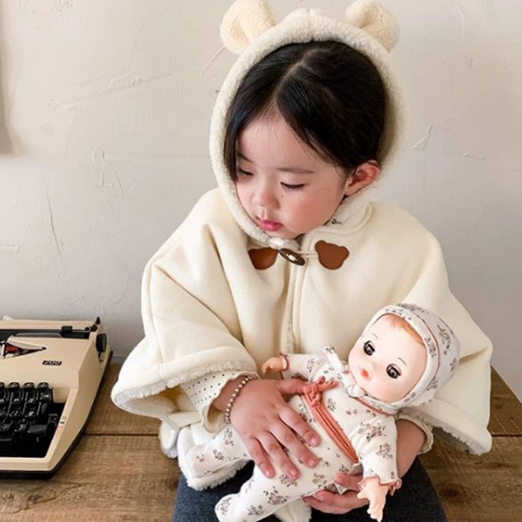 裏起毛裏ボア 子供ケープ 【フード付きクマ耳】 ポンチョコート マント 防寒アウタ...
